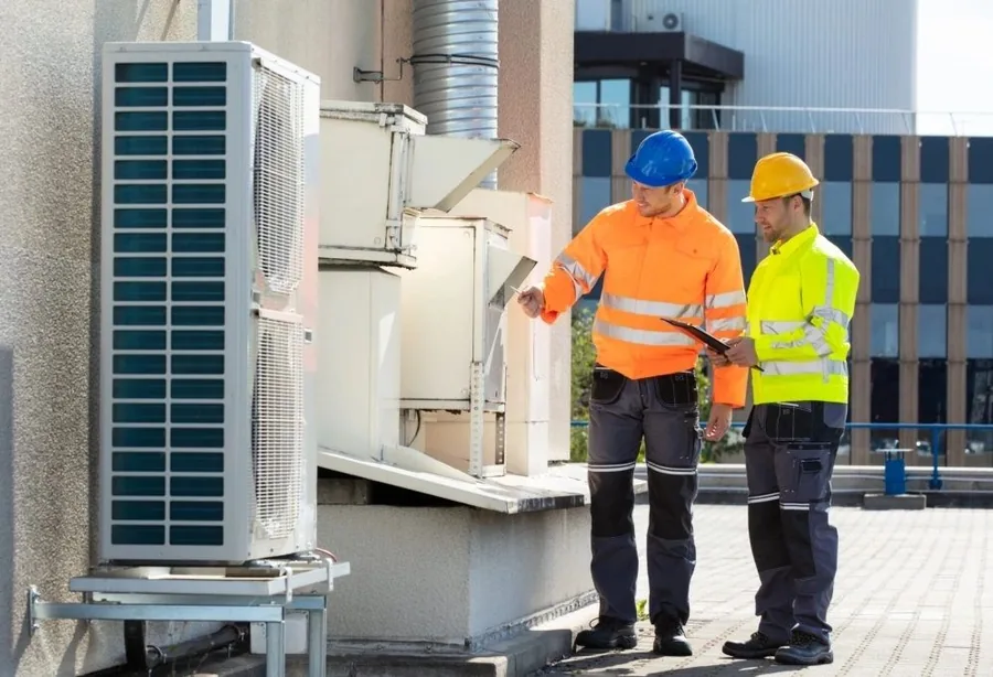 Two engineers inspecting rooftop equipment during a site survey
